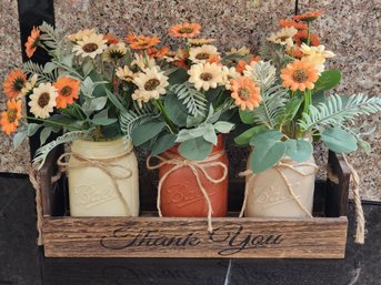 Wooden THANK YOU Script Tray With Painted Mason Jars And Faux Floral Arrangements