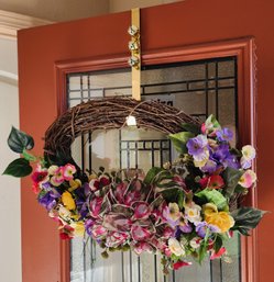 Large Twig Style Wreath With Decorative Faux Floral Accents And Door Hanger