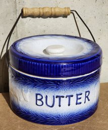 Antique BUTTER Crock Blue And White With Original Handle