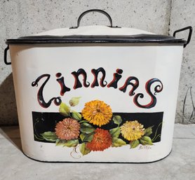 Large Metal Container With Lid And Handpainted ZINNIAS Floral Theme