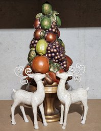 (2) Reindeer Figures And Ceramic Fruit Basket Home Decor