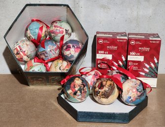 Assortment Of Paper Mache Style Santa Ornaments And Christmas Lights