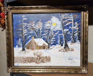 Vintage Handpainted Signed Framed Christmas Oil Painting