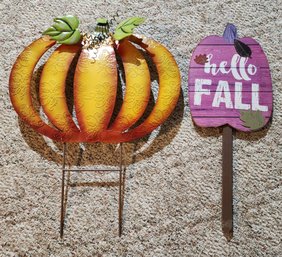 (1) Metal Pumpkin And (1) Faux Wood Fall Decorative Sign Combo