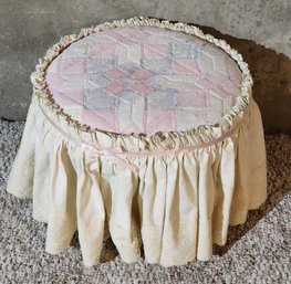 Vintage Padded Embroidery Style Stool With Wooden Base