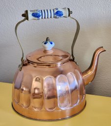 Vintage Brass And Copper Teapot With Enamel Handle