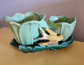 1940s McCoy Pottery Double Cache Tulip And Swallow Planter With Underplate