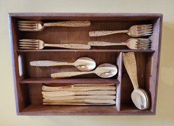 Vintage AMERICAN GOLDEN HERITAGE Flatware Set With Wooden Organizer