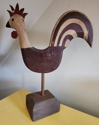 Vintage Folk Art Style Wooden Rooster With Metal Comb