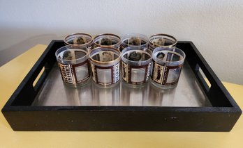 Set Of ROARING TWENTIES Beverage Glasses And Metal/Wood Serving Tray