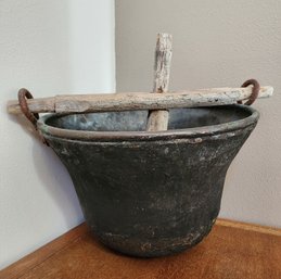 Antique Farmhouse Sculptural Patinated Copper Milk Bucket With Wooden Churn