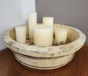 Large Wooden Style Display Bowl With River Rock And Candle Accents