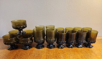 Set Of Vintage Dark Green Drinking Glasses