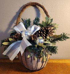 Vintage Hanging Christmas Style Basket With Pinecones And Bow