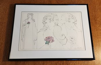 Vintage Original Fine Art Pen And Color Drawing Framed By DONNA BERRYHILL