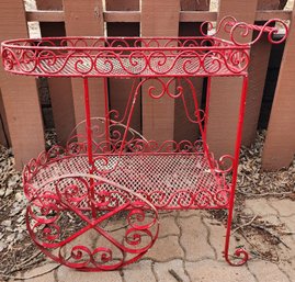 Vintage Red Metal Garden Cart On Wheels