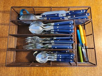 Large Assortment Of Blue Handle Flatware And Metal Organizer