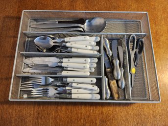 Large Assortment Of White Handle Flatware And Metal Organizer