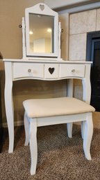 White Wooden Vanity With Adjustable Tilt Mirror And Stool