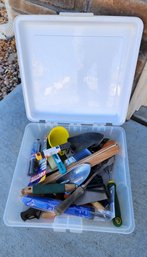 Assortment Of Various Hand Tools And Plastic Storage Bin