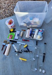 Assortment Of Painting And Home Improvement Supplies With Plastic Tote