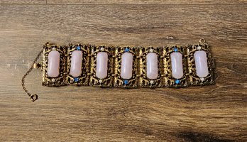 Vintage Metal Panel Bracelet With Pink Stone Accents #A11