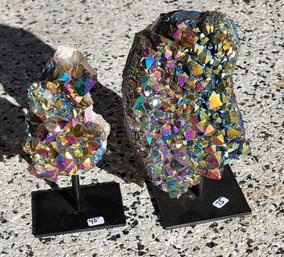 (2) Rainbow Aura Quartz Crystal Clusters On Stands #A242