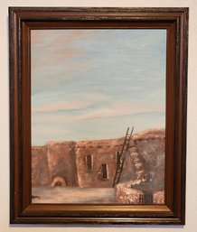 Vintage Folk Art Original Oil Painting Southwest Village Dwelling