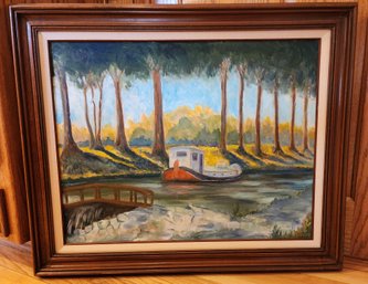 Vintage Folk Art Fine Oil Painting Of Ferry Boat Scene SIGNED