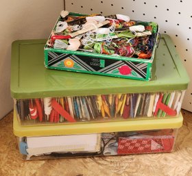 (2) Mid Century Modern Storage Cases With Lids W Bias Tape And Box Of Thread