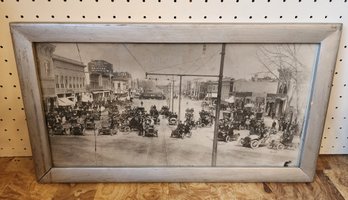 Antique Framed Photograph Of Automobile Car Show In Downtown