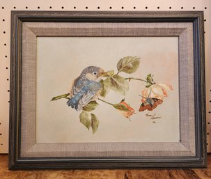 Vintage Framed Fine Art Painting SIGNED Bird And Butterfly