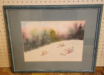 Vintage Framed Fine Art Watercolor Winter Scene