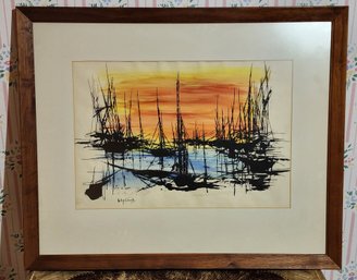 Vintage Mid Century Modern Drip Painting Of Ships And Sunrise