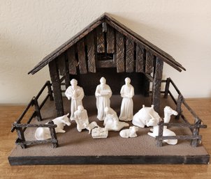 Vintage Ceramic Nativity Figures With Wooden Manger