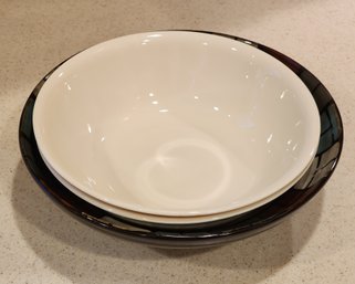 (3) Tableware Bowls - (1) Stoneware Womdowpane Theme And (2) White Corelle