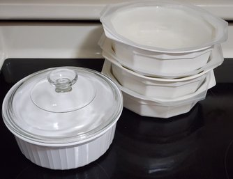 (1) CORNINGWARE Ceramic Cookware Dish With Lid And (3) Plastic Food Storage Selections