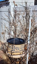 Vintage Metal Industrial Hook Stand With Hanging Metal Basket And Ceramic Flower Pot