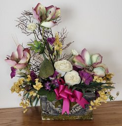 Vintage Basket Style Container With Artificial Arrangement
