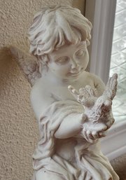 Vintage Composite Material Angel Cherub With Bird Figure
