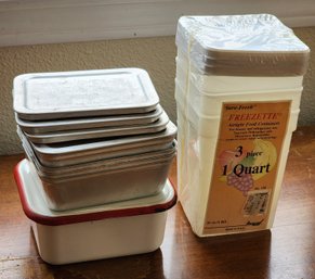 Assortment Of Cookware Pans And Brand New Freezer Containers