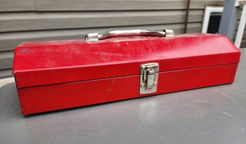 Vintage Red Toolbox With Assortment Of Tools