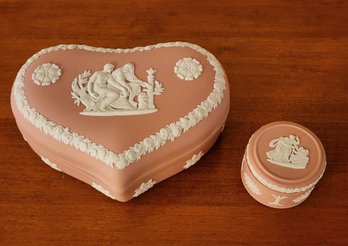 (2) Pink WEDGWOOD Vintage JASPERWARE Heart Box And Lidded Trinket Box