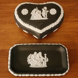 (2) Black WEDGWOOD Vintage JASPERWARE Heart Box And Lidded Trinket Box