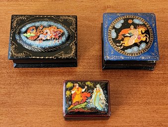 (3) Vintage Signed Hand Painted Russian Boxes With Various Motifs