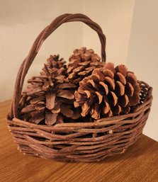 Vintage Woven Twig Style Basket With Pinecone Accents