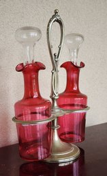 Antique Cranberry Glass CRUET Condiment Set