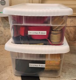 Assortment Of (2) Christmas Ribbon Selections And Plastic Storage Bin
