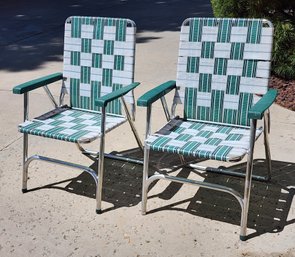 (2) Vintage Mid Century Modern Folding Lawn Chairs GREEN AND WHITE STRIPE
