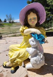 Girl Wearing Bonnet With Pet Bunny Yard Lawn And Garden Statue Set